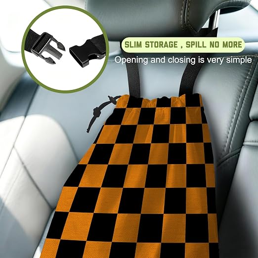Car Garbage Bag Black Orange Checkered Drawstring Car Trash Bag Hanging for Back Seat with Adjustable Buckle Canvas Vehicle Trash Can Easy-to-Install for Car Accessories Vehicle Travelling Camping
