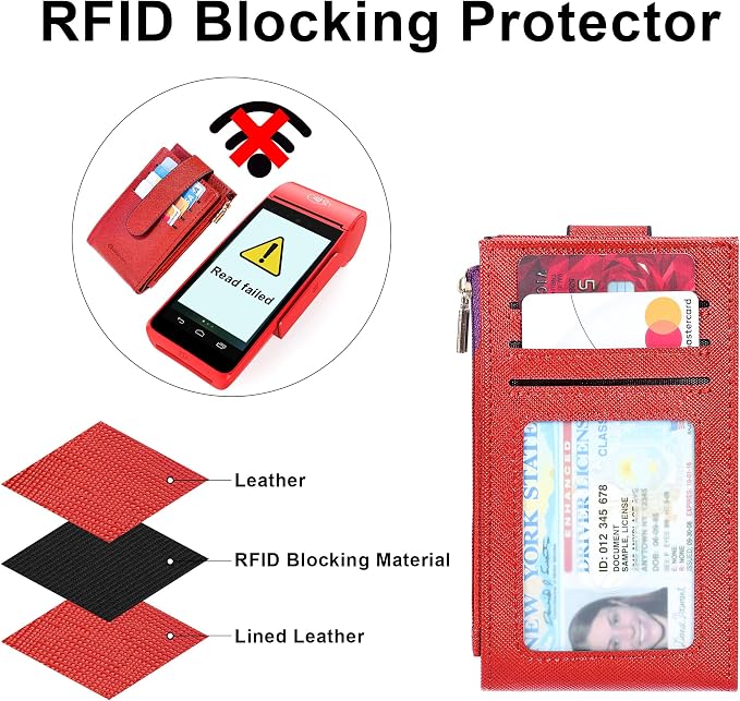 Chelmon Womens Wallet Slim RFID Blocking Bifold Multi Card Case Wallet with Zipper Pocket (Red)