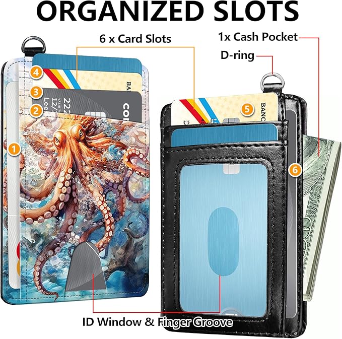 Slim RFID Blocking Card Holder Wallet with Wrist Strap - Minimalist Front Pocket Wallet, Octopus 02 Design, PU Leathe, for Men & Women, Ideal for Travel & Gifts