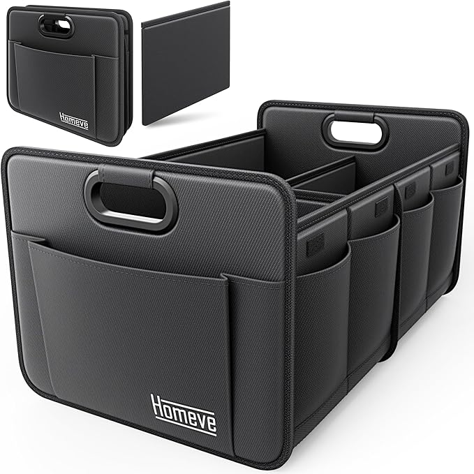 Homeve Trunk Organizer, Car Storage, Reinforced Handles, Collapsible Multi-Compartment, Foldable, Waterproof, Sturdy, 600D Oxford Polyester For Car, SUV, Mini-Van, Black, 2 Compart