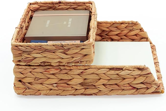 HAMOTOPI Desk Organizer Letter Tray Set of 2, Woven Water Hyacinth Tabletop Desktop for Storage Paper Letter Folders Notebooks Copy Print, Workspace Holder, Keep Stationery Saver