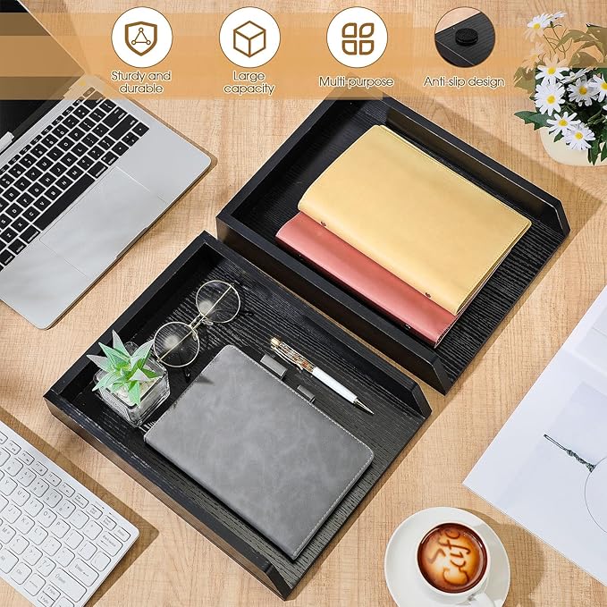 DoubleFill 2 Pcs Wooden Letter Trays Wood Letter-Size Desk Organizer Heavy Duty 2 Tier Stackable Supports Paper Tray Desktop Drawer Organizer File Folder Magazine Office Accessories (Black)