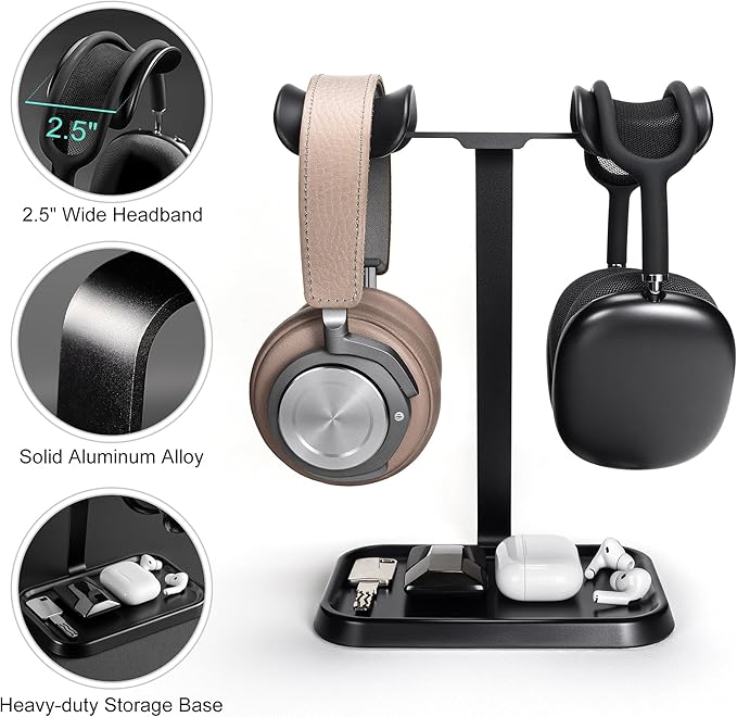 Dual Headphone Stand, Double Balanced Headset Stand with Storage Tray, Heavy Base Gaming Headset Holder for Desk (Black)