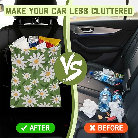 Car Garbage Bag Green Daisy Floral Drawstring Car Trash Bag Hanging for Back Seat with Adjustable Buckle Canvas Vehicle Trash Can Easy-to-Install for Car Accessories Vehicle Travelling Camping