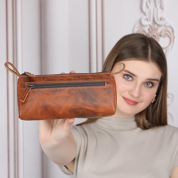 Leather Makeup Bag for Women – Genuine Leather Cosmetic Bag Travel, Handmade Zippered Makeup Pouch, Small Toiletry Bag, Shaving Kit & Stationery Organizer- Tan