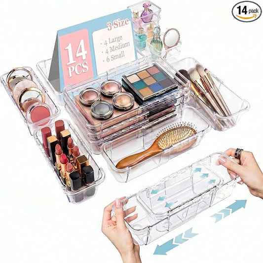 14 Pcs Expandable Clear Drawer Organizer, 3-Size Extendable Drawer Divider, Adjustable Plastic Storage Box, Arcrylic Storage Bins for Makeup Vanity Drawer Dresser DIY Desk Office Kitchen Utensils