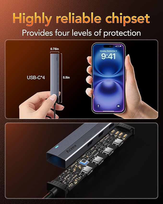 Aceele USB C Hub 10Gbps, 4 Port USB 3.2 Gen 2 Hub, USBC to USB-C Hub with 60cm/2ft Long Extension Cable, USBC Adapter Data Hub for MacBook Pro, MacBook, Samsung Chromebook and More