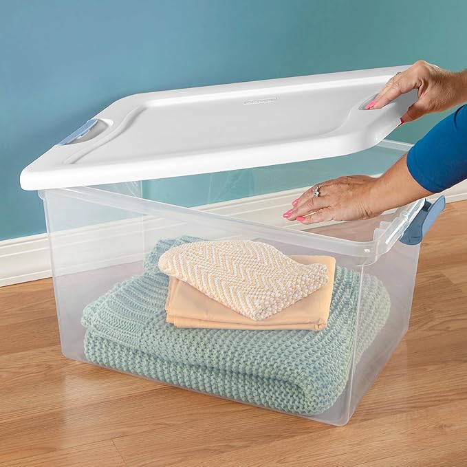 Sterilite 12-Pack Latching Box, Clear Plastic Organizer Bins with White Lids, 64 Quart – Large Stackable Containers for Closet, Bedroom, Garage, Kitchen, and Pantry Organization