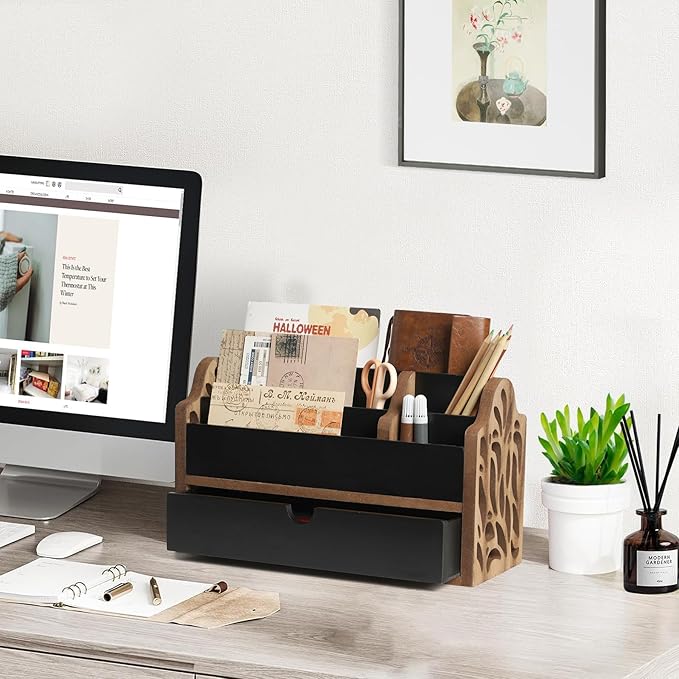 Desk Organizer with Drawer Wood File Office Mail Organizer Countertop-5 Slot Tabletop Storage Pen Organizer Letter Holder for School Home Office Supplies