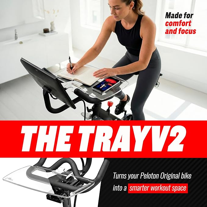 TFD The Tray V2 for Peloton Bike Original Models, Flat Acrylic Desk Tray with Phone and Pen Holders, Laptop and Tablet Tray for Work, Reading, or Viewing While Riding, Clear