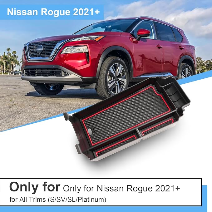 2021-2025 2026 Rogue Center Console Organizer for Nissan Rogue (S/SV/SL/Platinum/Rock Creek/Dark Armor), Durable ABS&Anti-Slip Rubber Console Tray Insert 2026 2025 Rogue Accessories (Red)