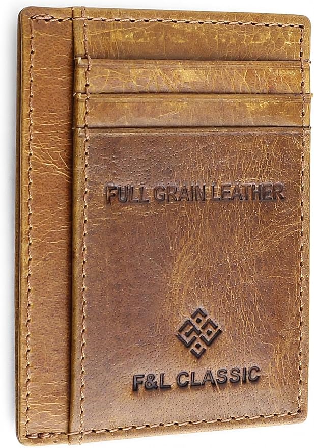 F&L CLASSIC Slim Minimalist Front Pocket leather card holder wallet, for men and women, RFID Blocking, light brown,10-03