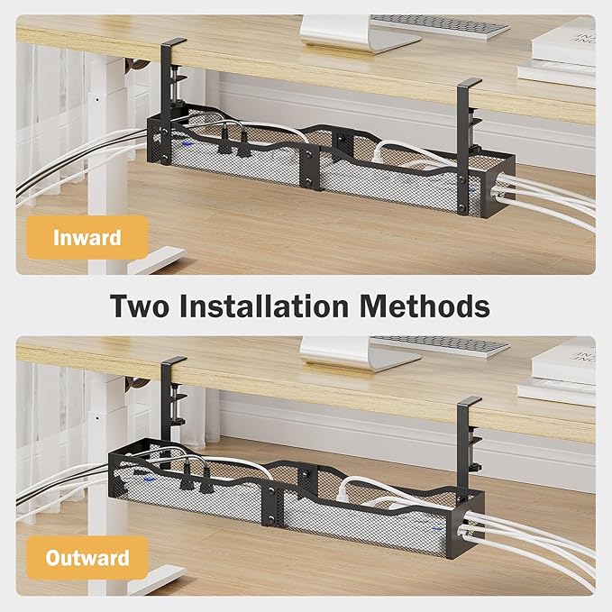 DELAMU 25'' Upgraded Under Desk Cable Management, No Dill Standing Desk Cord Management with Adjustable F-Clamp, Metal Desk Cable Organizer to Under Desk Organizer for Home Office, Black