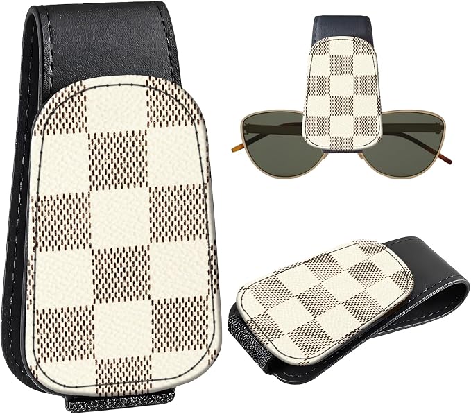Leather Magnetic Sunglass Holder for Car Sun Visor, Cute Eyeglass Ticket Card Hanger Clip, Universal Auto Interior Accessories for SUV Pickup Truck, Beige Checkered