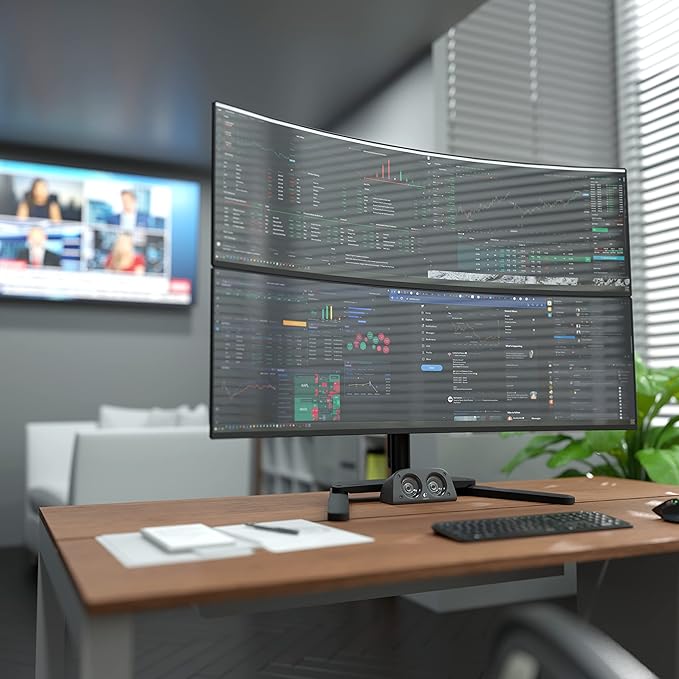 Atdec AWMS-2-BT75-FS-B Super Heavy Duty Dual Mount ??for Deeply Curved ultrawide Monitors to 49????Adjustable tilt, Height, Levelling ??no Permanent Desk fixtures