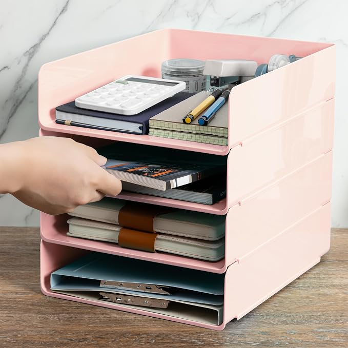 Tiawudi Desk Organizer, Office Organization and Storage, Plastic Letter Tray, Stackable File Organizer for Classroom, Home, Documents, Notes, Folders, Books and Pens, 4 Tier