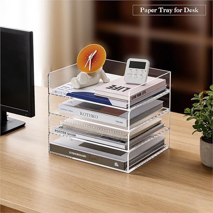 HeZone 4 Tier Paper Organizer for Desk,Acrylic Paper Tray,Clear Stackable Desk Organizer for Document, Office File,A4 Paper
