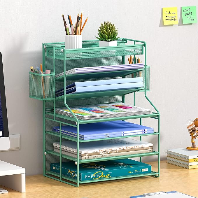White 7 Tier Desk File Organizer, Metal Letter Tray Paper Organizer with Pull-Out Drawer, Removable Pen Holder & Hanging Basket, Vertical Desktop File Holder for Home Office, Classroom