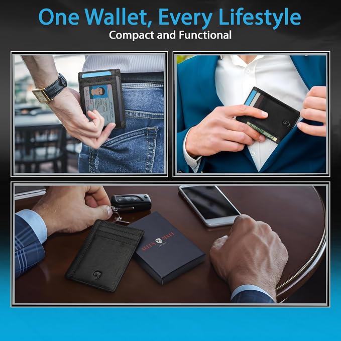 ALLEN & MATE 100% Genuine Leather Slim Minimalist wallet RFID Blocking Card Holder Wallets for Men & Women - Holds 7 Cards, ID & Cash with Gift Box (Black)