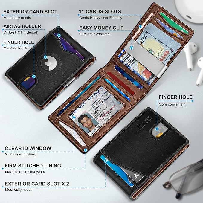 miyozi Airtag Wallet for Men,with Money Clip 11 Cards Slim Front Pocket Leather RFID Blocking Wallet with Gift Box