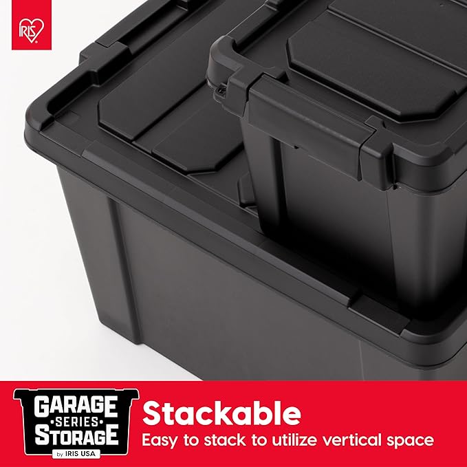 IRIS USA 5 Gallon Lockable Storage Bins with Lids, 6 Pack - Made in USA, Heavy Duty, Stackable Containers, Garage Organizing Bins Moving Tubs, Rugged Sturdy Equipment Utility Box - Black