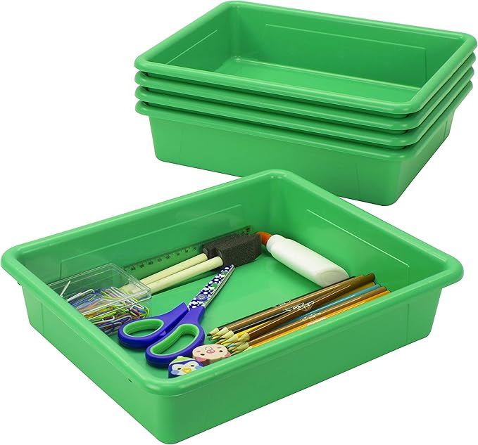 Storex Letter Size Flat Storage Tray – Organizer Bin with Non-Snap Lid for Classroom, Office and Home, Green, 5-Pack (62539A05C)