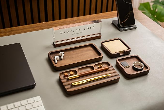MUUJEE Wooden Desk Organization 5 Piece Set with Name Block - Personalized Acrylic Name Plaque with Wood Base and Desk Accessories Work Professional Office Gift Teacher Dad Organizer