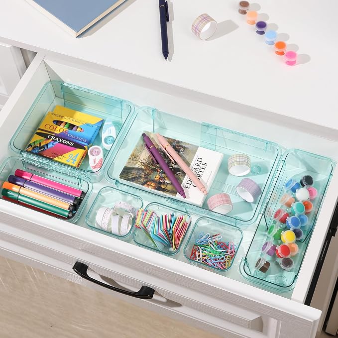 20 Pcs Adjustable Clear Drawer Organizer, Extendable Vanity Storage Bins, Desk Drawer Organizer Set for Makeup, Cosmetics, Bedroom, and Gadgets, Blue