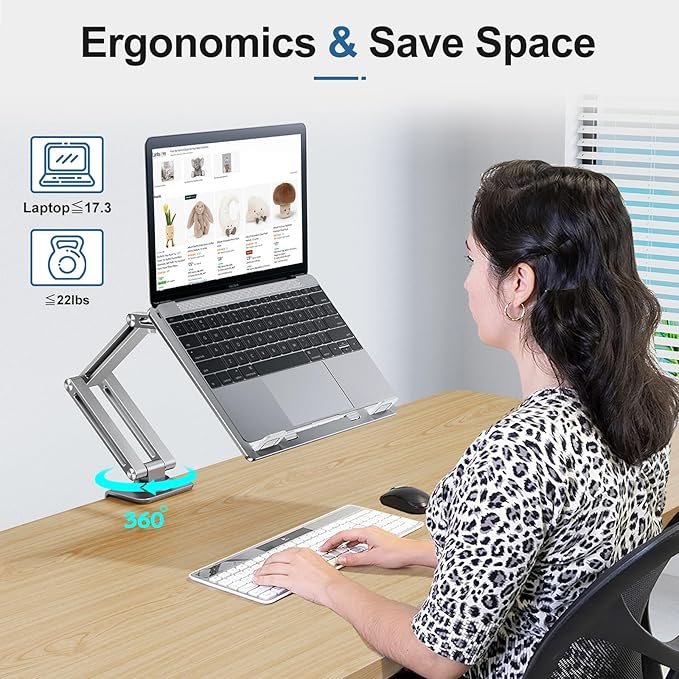 Laptop Mount for Desk, Tablet Arm Mount with 360° Rotating, Aluminum Laptop Tray Adjustable, Foldable Computer Stand/Holder, Fit for 11-15 Inch Laptops (Silver)