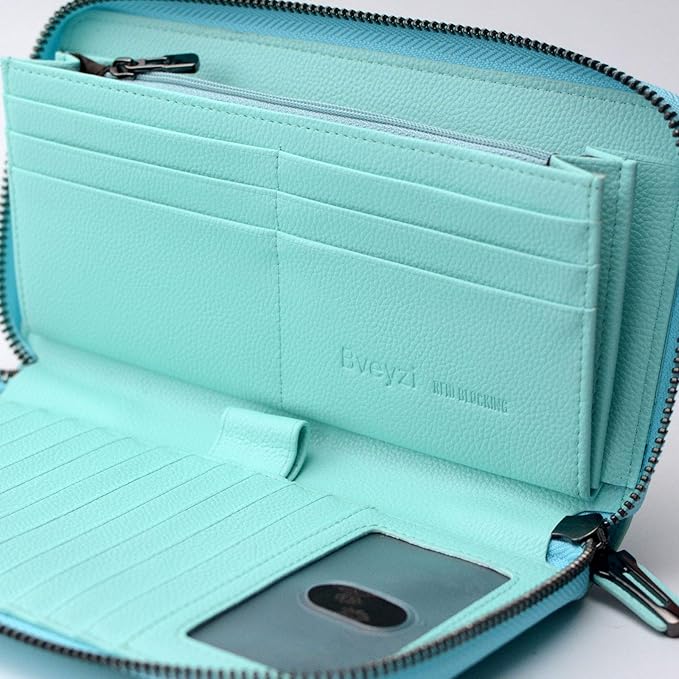 Bveyzi Women RFID Blocking Wallet Leather Zip Around Phone Clutch Large Capacity Ladies Travel Purse Wristlet | RFID Blocking, Zip Around, Large Capacity