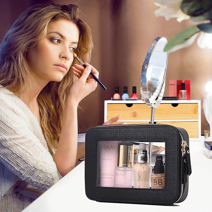 Pinkmik Clear Makeup Bag for Women Waterproof Travel Cosmetics and Toiletries Case Portable Makeup Oaganizer Bag Clear Car Bag with Zipper (Black, M)