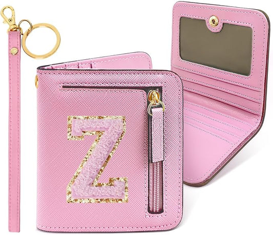 COSHAYSOO Preppy Wallet Gifts for Teen Girls Women Small Wallet RFID Bifold PU Leather Christmas Valentines Easter Mothers Fathers Day Nurse Appreciation Graduation Gifts Chenille Letter Z Pink