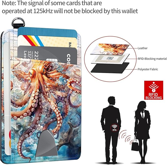 Slim RFID Blocking Card Holder Wallet with Wrist Strap - Minimalist Front Pocket Wallet, Octopus 02 Design, PU Leathe, for Men & Women, Ideal for Travel & Gifts