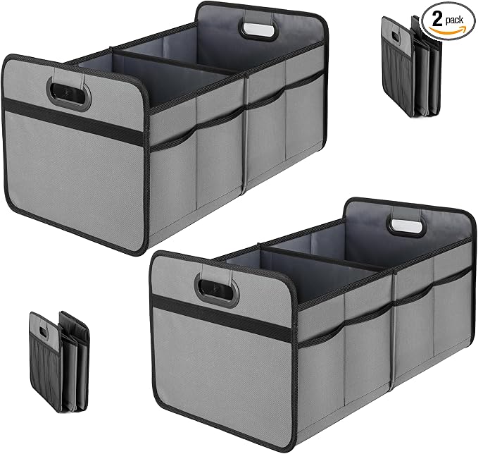 Simple Deluxe Car Trunk Organizer for SUV, Collapsible 2 Compartment 50L Automotive Storage Box with 5 Pocket, 600D Waterproof Oxford Polyester & Non Slip Bottom, Reinforced Handle, Grey, 2 Pack