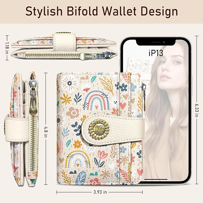 Kelvoris Rainbow Flower Floral Small Rfid Women Wallet Bifold Zipper Coin Pocket PU Leather Compact Cash Credit Card Holder Travel Wallet for Female Ladies Teen Girls 1 ID Window 10 Card Slots