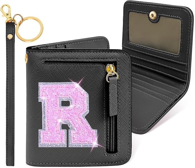 COSHAYSOO Teen Girl Gifts Trendy Stuff Teenager Teenage Tween Preteen Initial Monogrammed Personalized Gift Idea Black Wallet Small Presents for Daughter Granddaughter Birthday Christmas Black R