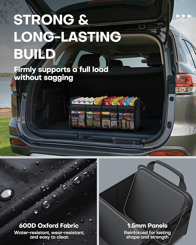 HOTOR Tactical Car Trunk Organizer - Foldable Trunk Organizer for SUV with Front MOLLE Pocket & Reflective Strips, Essential Car Accessories for Tools & Outdoor Storage, 15.0" x 23.6" x 11.0", Black