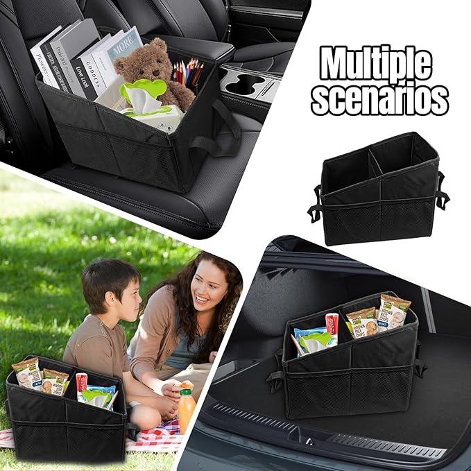 Hovom Car Organizer, Automotive Passenger Seat Organizer, Car Caddy with Multiple Compartments & Pockets, Collapsible Small Vehicle Storage Organizers for Front and Back Seat, Trunk, Floor (Black)