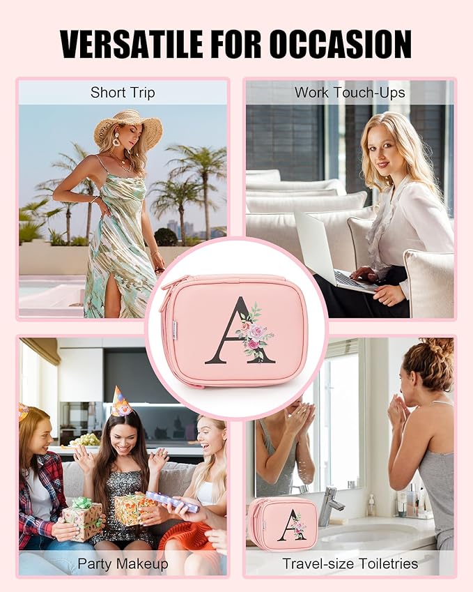 Relavel Initial Makeup Bag with Led Mirror for Women Girls, Mini Personalized Cosmetic Bag with Adjustable Brightness, Rechargeable Pink Make Up Bags Pouch for Birthday Gift - Pink R