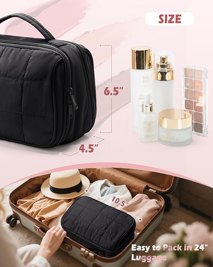 Marscamd Travel Makeup Bag for Women, Puffy Cosmetics Organizer with Waterproof Pockets, Toiletry Pouch for Makeup Brushes, Skincare & Travel Essentials, Black (Bag Only)