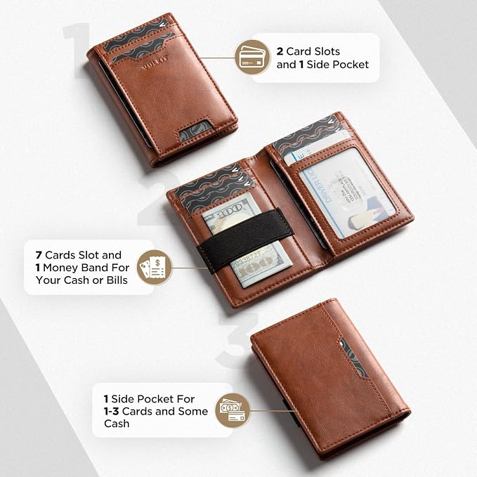 VULKIT Credit Card Holder RFID Blocking Slim Leather Front Pocket Mens Wallet Bank Card Holder Quick Access with 10 Slot and Money Band for Bills or Receipt, Palm-Size Wallet, Brown, S, Minimalist