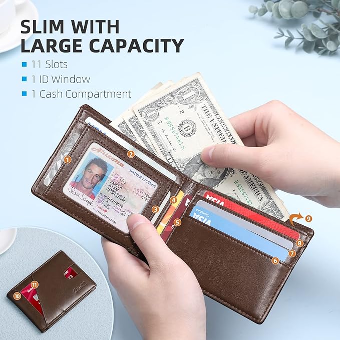 Zitahli Bifold Wallets for Men - Slim RFID Leather Credit Card Holder for 6-11 Cards, Minimalist Thin Wallet with ID Window & Cash Slot,Front Pockt Carteras Para Hombres, Birthday Gifts for Men | Slim, RFID Blocking, Premium, Front Pocket, Gift Box, Le...
