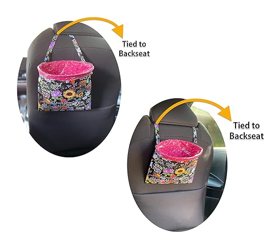Car Trash Bag Hanging Front Seat Back Seat Headrest Console - Car Trash Bin with Reusable Waterproof Liner and Disposable Bags - Car Waste Basket (Small Pink/Sunflower)
