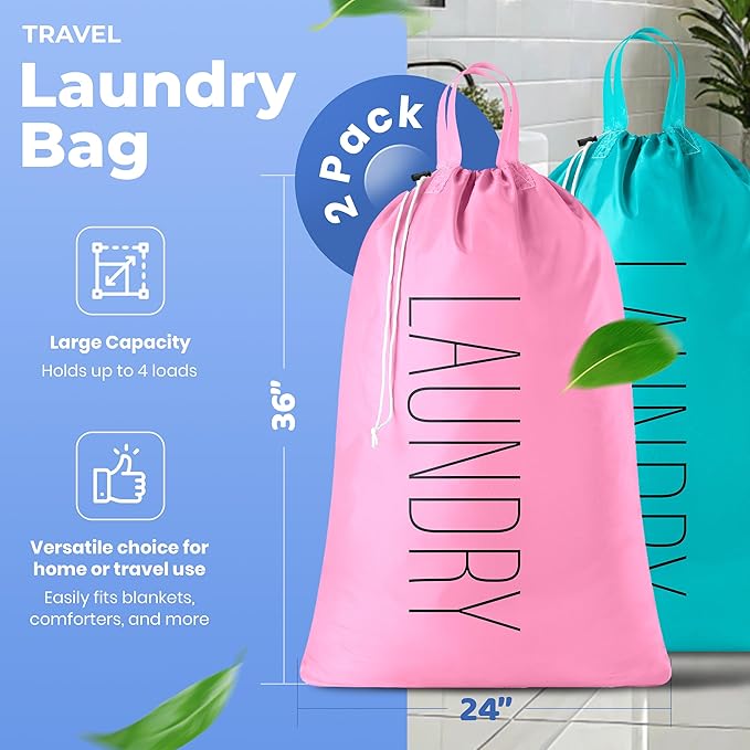 Extra Large Travel Laundry Bag - 2-Pack Fun Print Design Bags for Dirty Clothes - Durable Water-Resistant Fabric - Sturdy Drawstring Closure (Pink-Teal | Laundry)