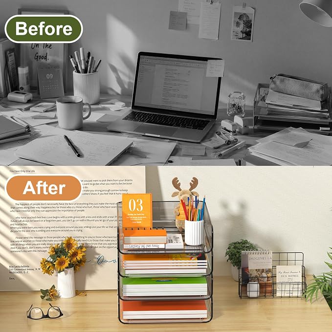 FANXIYQ 4-Tier Acrylic Paper Tray Organizer, Clear & Brown Stackable Desk Organizer for Documents, Files, A4 Paper, Mail, Books & Office Supplies, Office Classroom Home