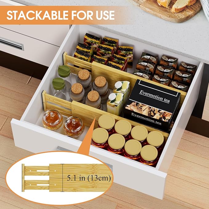 Bamboo Drawer Dividers,17-22" Adjustable Kitchen Drawer Organizer for Clothes,8 Pack Expandable Drawer Organization Separators for Bedroom,Bathroom,Dresser and Office,Natural