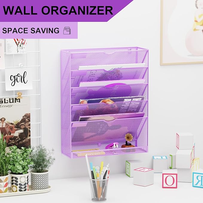 Hanging Wall File Organizer 6 Tier Wall Mounted Mail Paper Folder Holder Document Organization Stand, Vertical Desk Magazine Rack for Office Home Cubicle Countertop, Light Purple