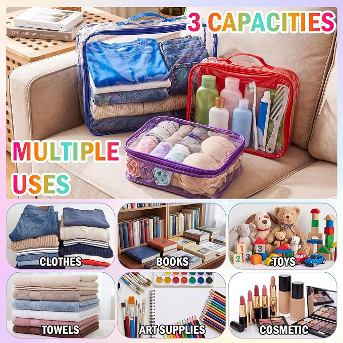 6 Pcs Clear Packing Travel Cubes Set Reusable See Through Premium PVC Plastic Organizer Bag with Handle for Summer Camp Travel Luggage Storage Organizer Multipurpose Pouch Toiletry Bag(Rainbow)