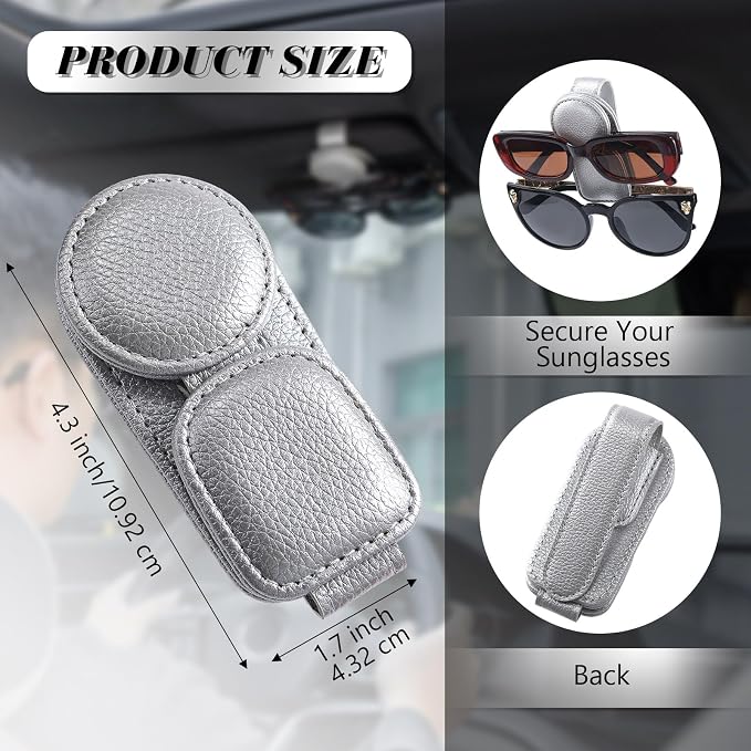 Konohan Sunglasses Holder for Car Visor Leather Eyeglass Hanger Magnetic Sunglasses Holder with 2 Clips(Silver Pearl)