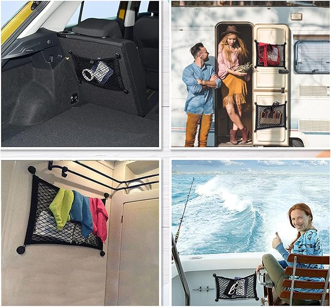2 Pack Small Cargo Net Pocket Storage Mesh Net Elastic Automotive Cargo Nets Storage Pouch for Car Trunk Net, RV, Boat Storage Mesh Pocket Net with 8 Mounting Screws and Hooks (24 x 9.8 Inches)